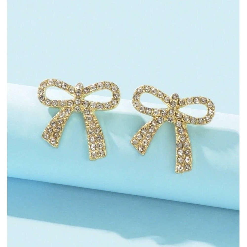 Minimalist Bow Knot Huggie Stud Earrings Rhinestone Yellow Gold Accent Dainty